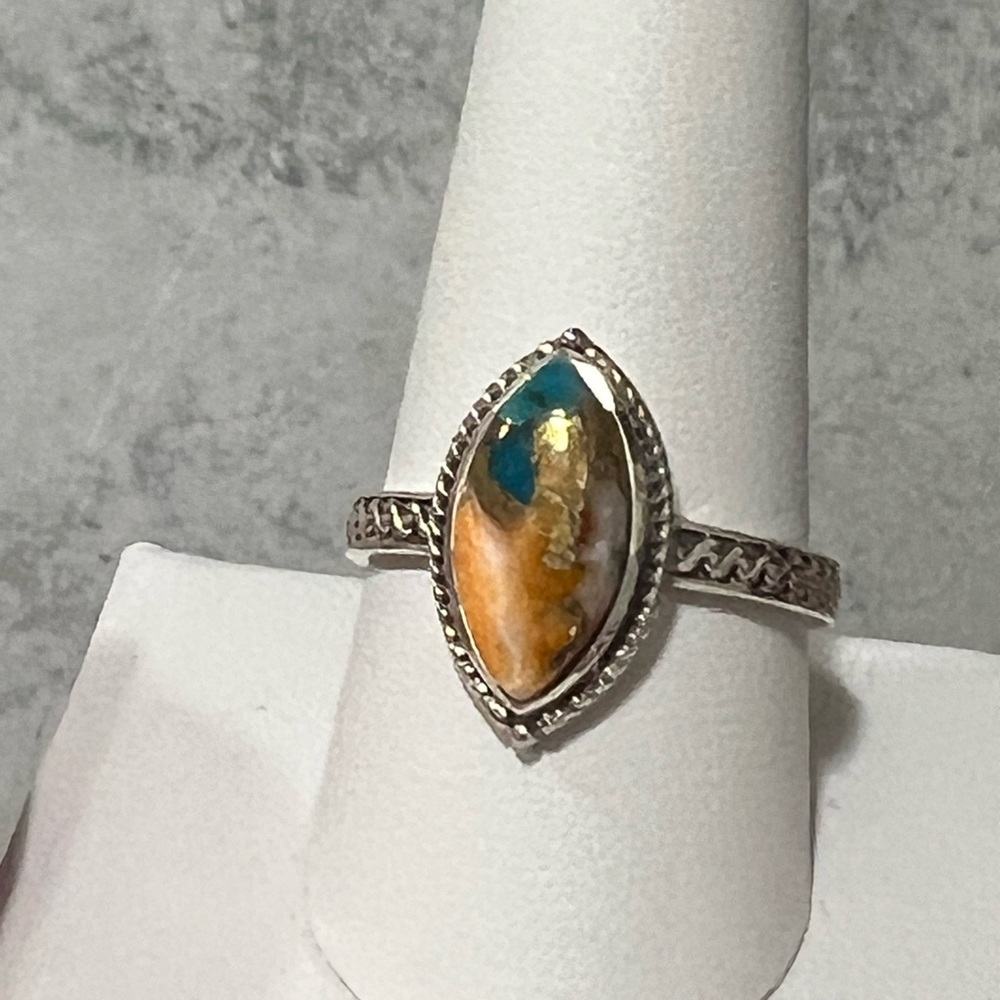 Size 10 orange spiny oyster and turquoise 925 sterling silver ring